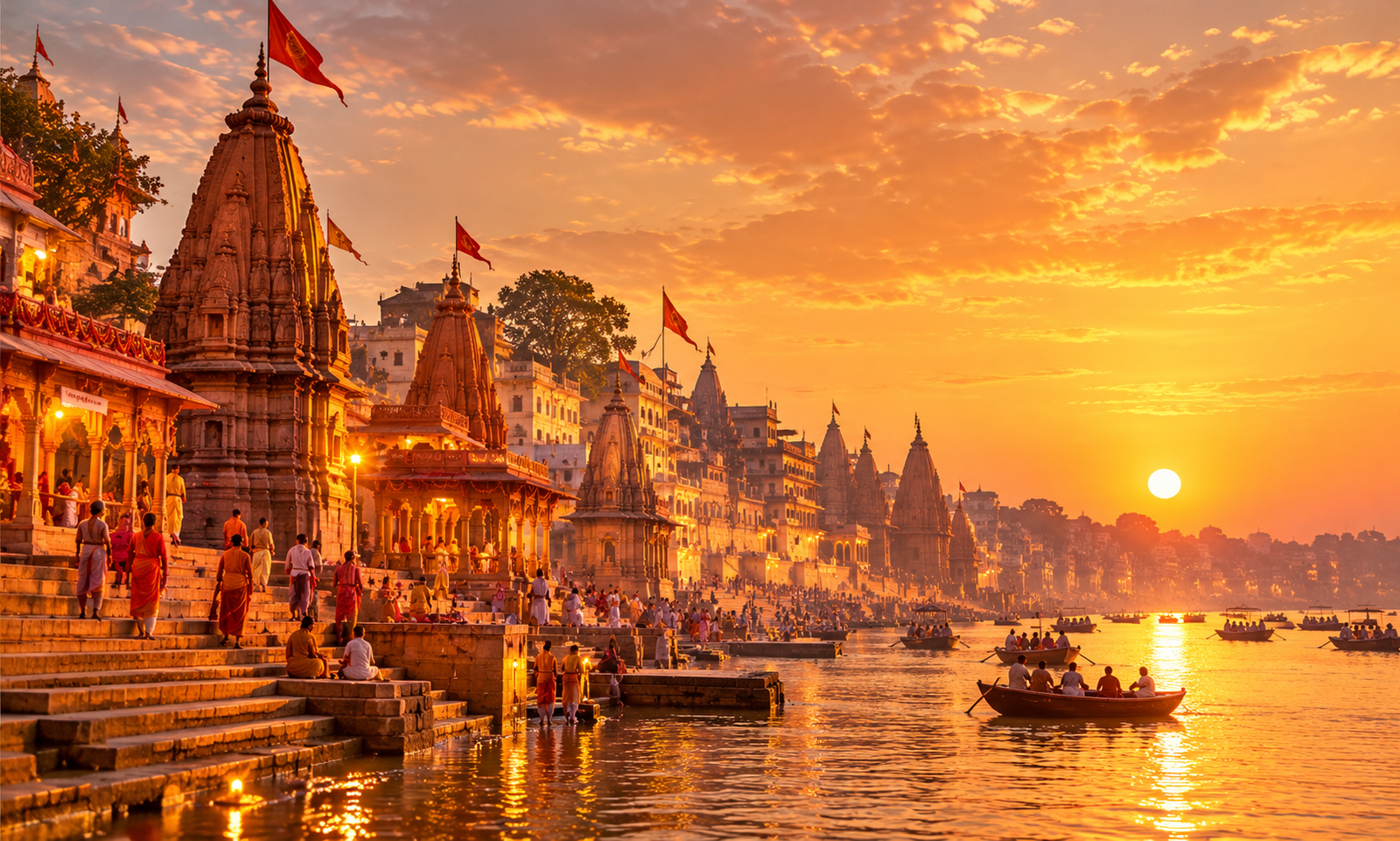 Sacred Indian temple ghats at sunrise beside a holy river