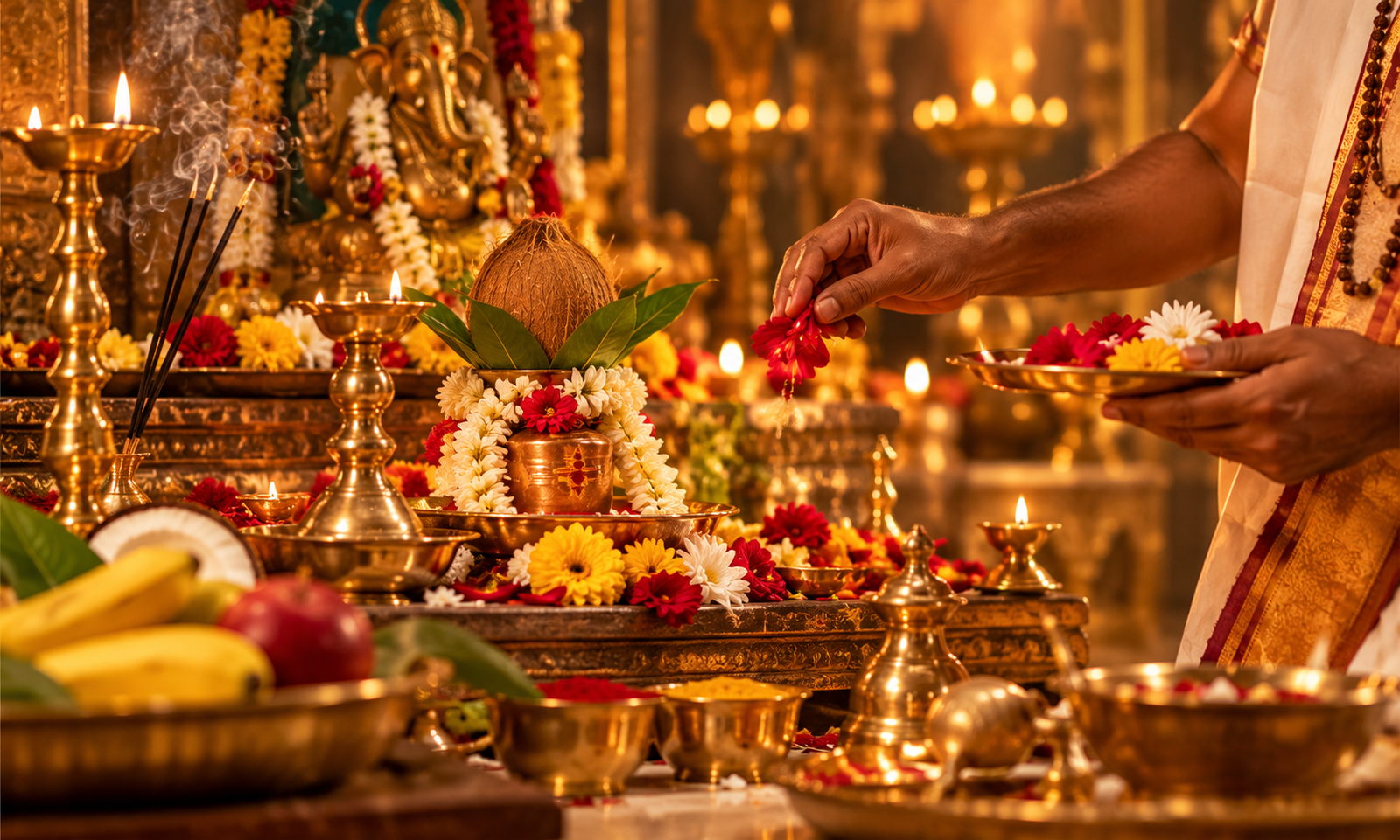 Traditional Hindu puja with brass lamps, flowers, and sacred offerings