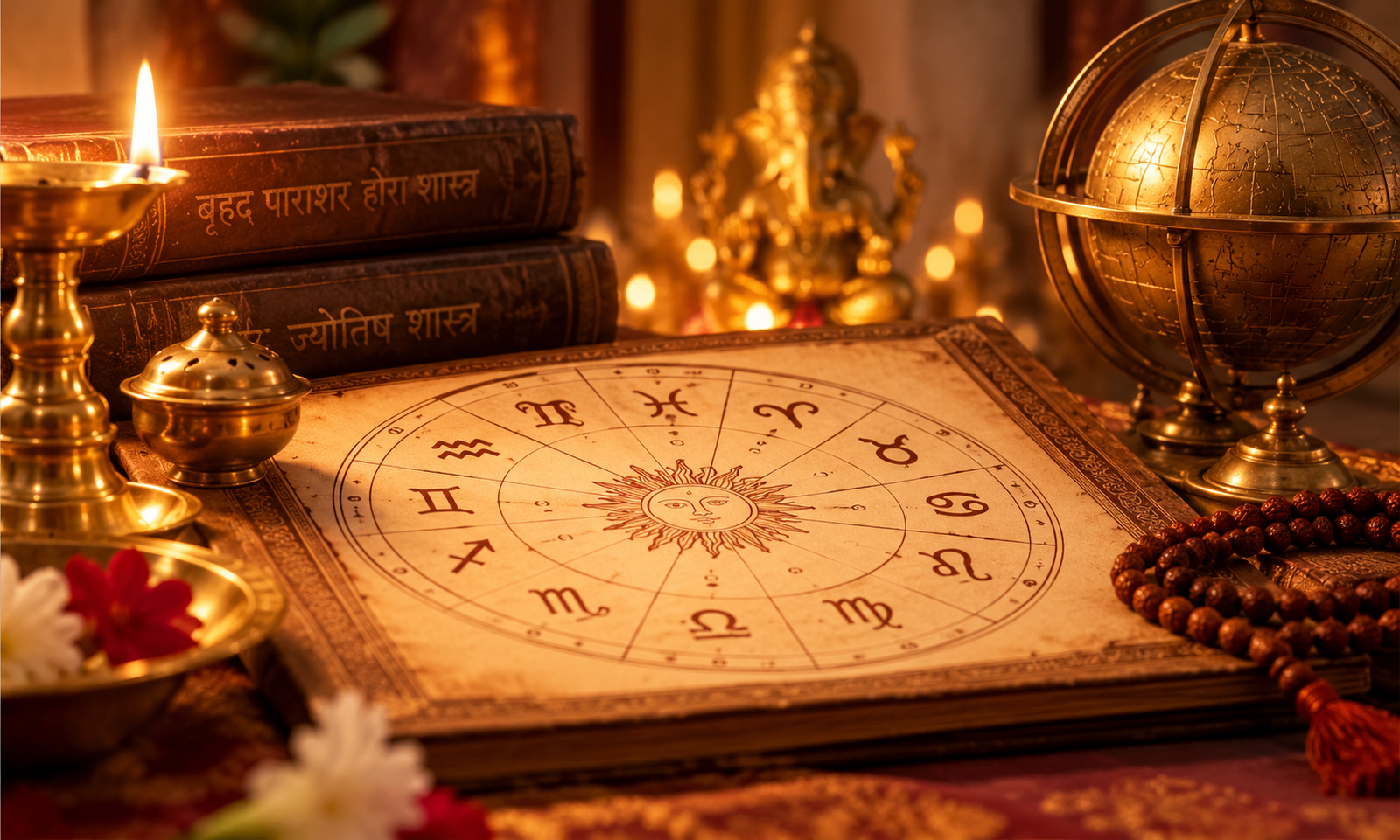 Traditional Vedic astrology study with sacred texts and warm candlelight
